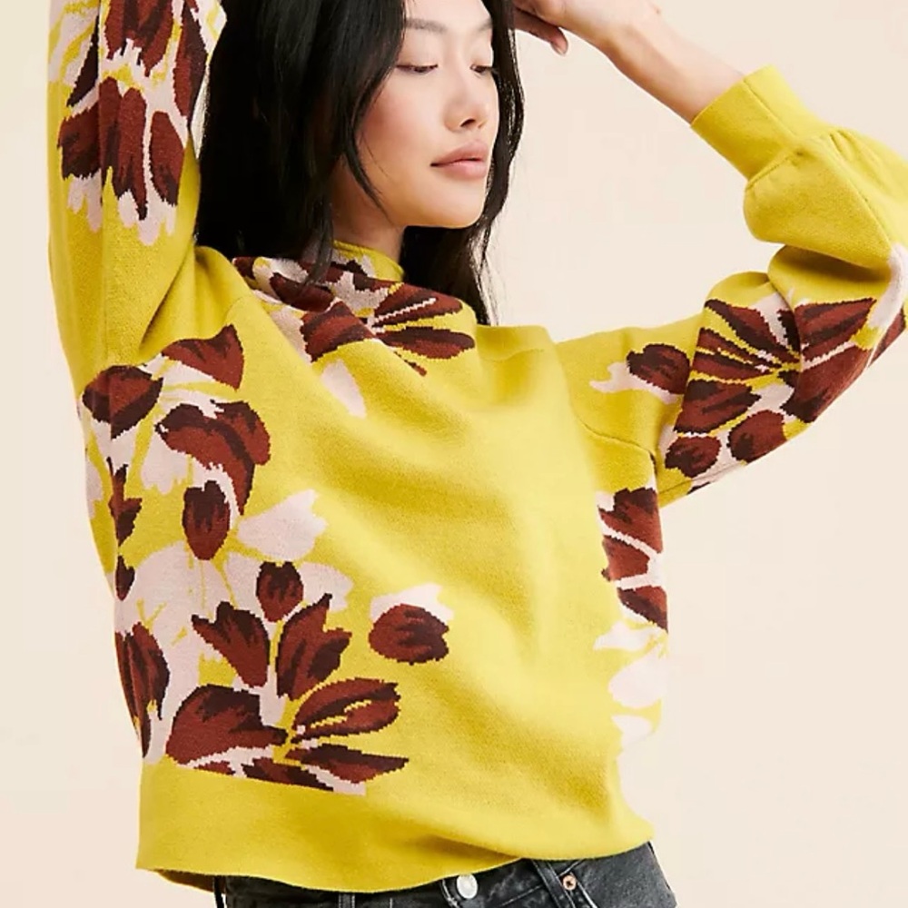 Anthropologie Sweater Floral Mock Neck Chartreuse Knit Top Size Small